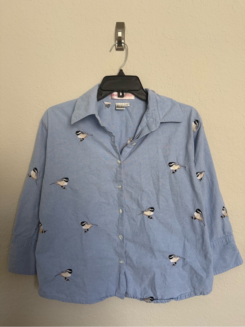 Vtg Casey Coleman Blue Chickadee Bird Embroidered Top S Button Up Cotton Whimsy